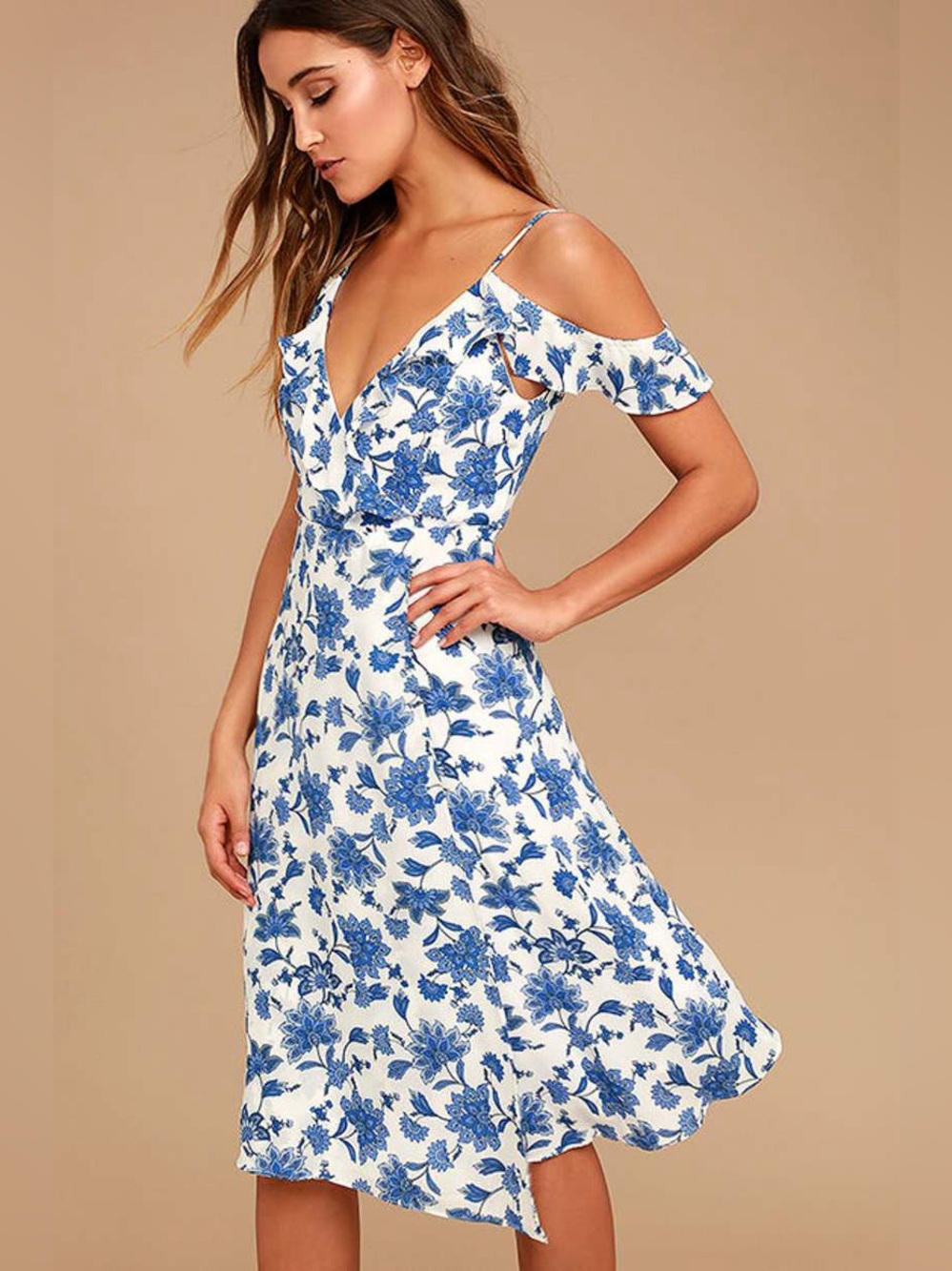 Lulus Arise Blue White Floral Cold Shoulder Midi Dress Wedding Guest M - Picture 16 of 17